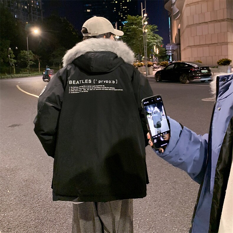 数据款现货连帽大毛领刺绣大口袋情侣学生中长款加厚白鸭绒羽绒服,男装羽绒服,星座301D-4(原星座1004-4）