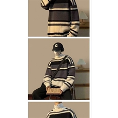 毛衣男士日系复古条纹撞色打底衫线衣秋冬加厚潮牌宽松针织衫外套，男装T恤，星座506A