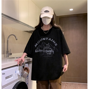 中性 夏季新款麂皮绒高街印花圆领宽松短袖T恤男女半袖 D288 P33图片