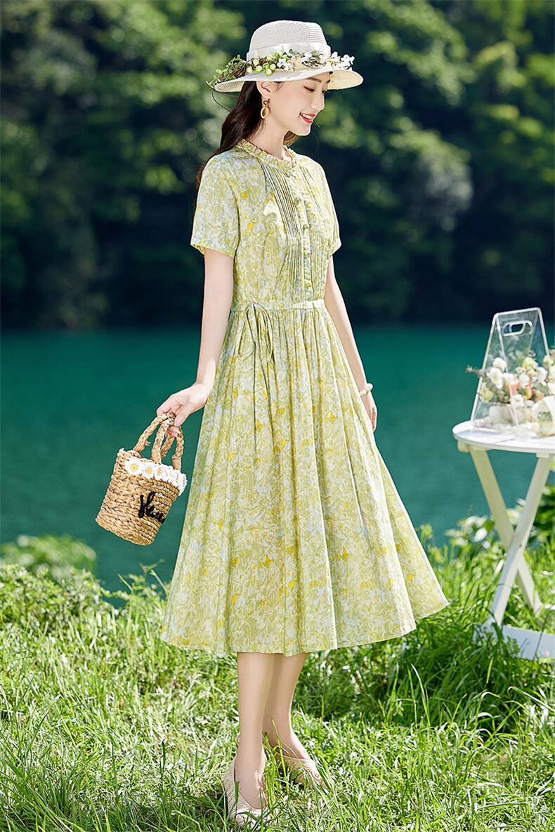 清新绿色碎花连衣裙女中长款2026夏新款洋气减龄显瘦短袖纯棉裙子,女装连衣裙,倪叶myz