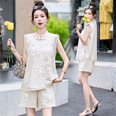 中式国风刺绣短裤两件套女2024夏天穿搭一整套禅意茶服清冷感套装，女装套装/套裙，艾仟回(原伊仟回)