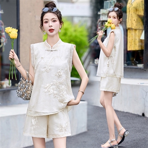 中式国风刺绣短裤两件套女2024夏天穿搭一整套禅意茶服清冷感套装图片