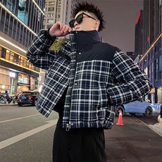 AY138/P128控168冬季社会小伙拼接撞色格子短款修身棉服男浅蓝首，男装棉衣，星座305B-1