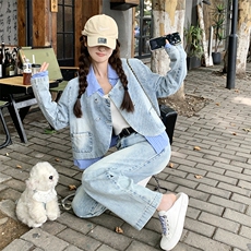 韩版时尚假两件牛仔上衣套装女2025春秋季新款显瘦阔腿长裤两件套，女装套装/套裙，2C239