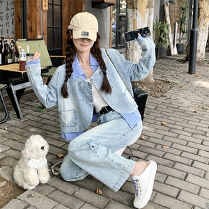 韩版时尚假两件牛仔上衣套装女2025春秋季新款显瘦阔腿长裤两件套图片