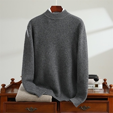 极简风半高领加厚纯棉线套头衫男秋冬款坑条针织衫时尚百搭打底衫，男装羊毛衫，唯若美羊绒