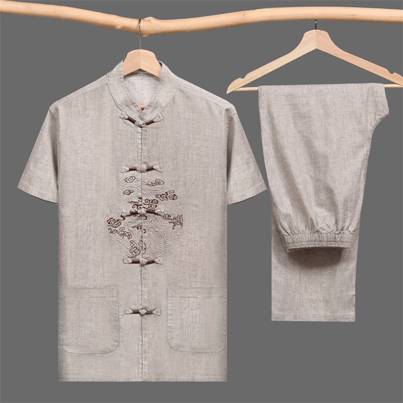 M-7XL夏季唐装套装中老年短袖薄款亚麻唐装男士大码套装001款，男装民族服装，星座802