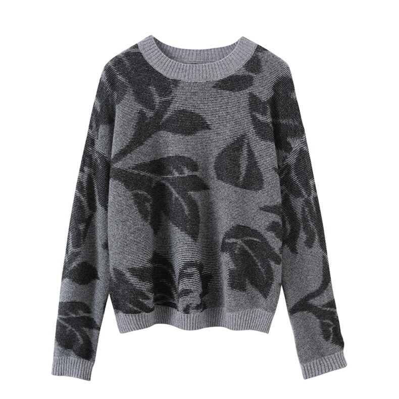 2024年秋冬新款棕榈印花圆领落肩袖条纹下摆拼色罗纹羊绒衫，女装羊绒衫，星纬羊绒