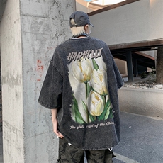 B239-1091-P38油画郁金香印花复古水洗做旧重磅落肩袖短袖T恤，男装T恤，星座514-2(原B239)