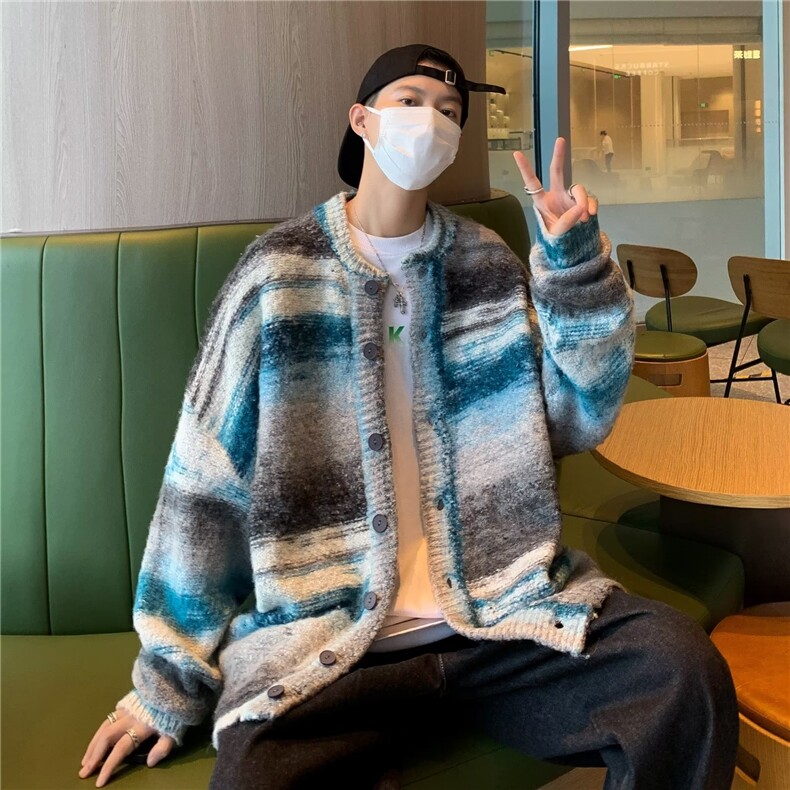 撞色条纹毛衣男春秋复古慵懒风开衫外套设计感情侣针织衫YM54-p58,男装针织衫/毛衣,星座1008