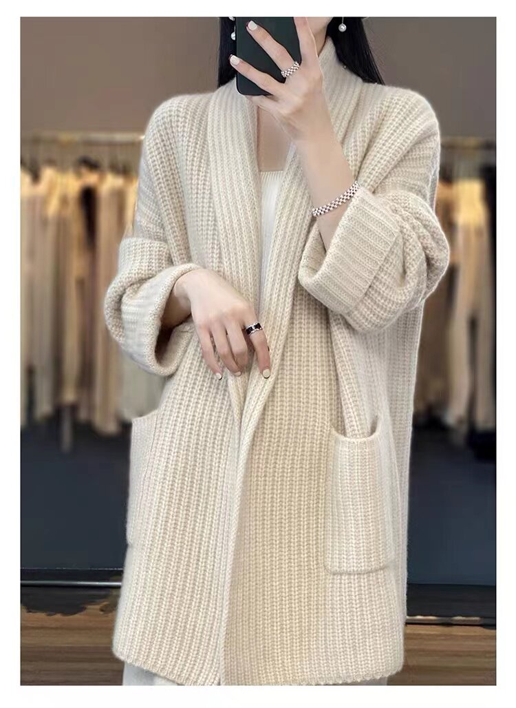 中长款100羊绒开衫女V领秋冬新款气质高端加厚针织羊毛衫毛衣外套,针织衫/毛衣,百纯羊绒