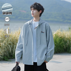 特批P35无差价夏季潮流连帽泡泡纱刺绣腊肠狗男宽松防晒外套J5223，男装衬衫，电商A001