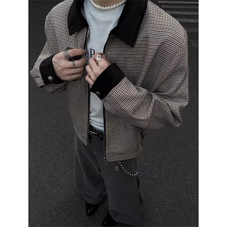 美式拼色千鸟格外套设计高级感双拉链翻领夹克JK9328特P68,男装夹克,星座908-1
