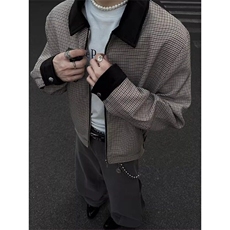 美式拼色千鸟格外套设计高级感双拉链翻领夹克JK9328特P68，男装夹克，星座908-1