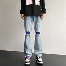 美式街头设计破洞直筒修身水洗牛仔浅色休闲裤A068-TZK189-TP68，男装休闲裤，电商A068