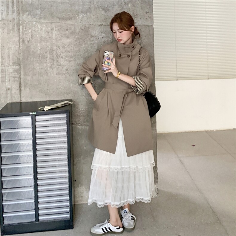 高级小众韩系chic卡其色外套女春秋2025年超火好看中长款气质大衣,女装风衣,2C090