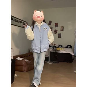 龙凤呢拼皮夹克日系简约流行潮流原宿文艺ins慵懒气质新款时尚