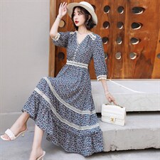 甜美蕾丝花边拼接荷叶边裙花色连衣裙2023年夏季，女装连衣裙，韩蜜菓