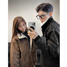 美拉德羊羔毛pu皮棉衣加绒加厚情侣棉服外套男H1166特P85，男装皮衣，电商A341