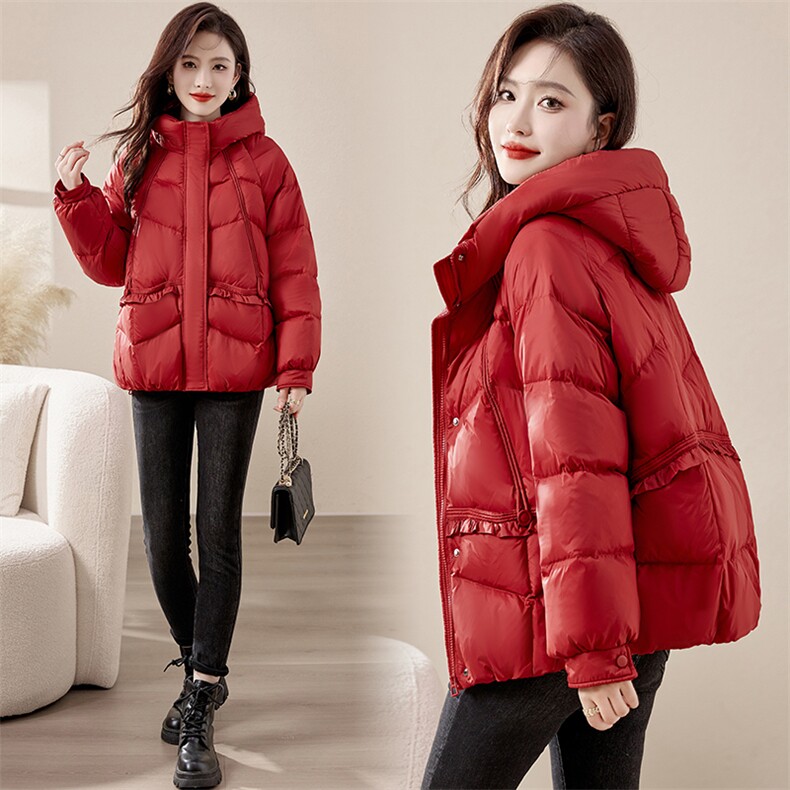 2024冬季新款气质连帽羽绒服时尚保暖修身显瘦红色短款外套，女装羽绒服，魅影