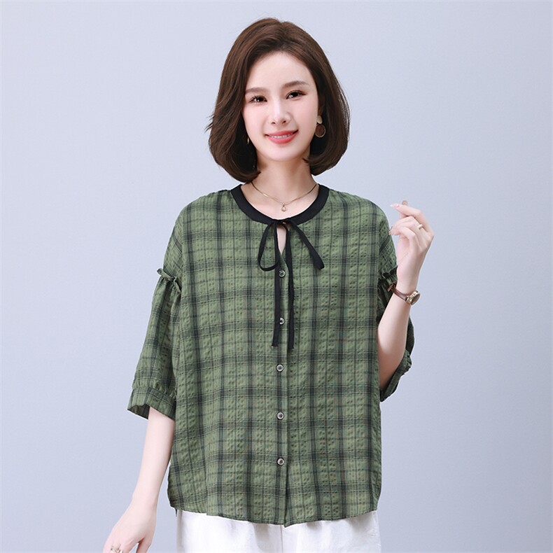 时尚格子宽松抽绳拼接短袖上衣显瘦百搭气质女装衬衫,女装衬衫,叶笙衣