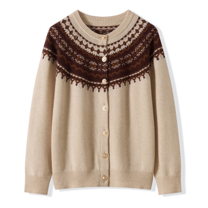 2025秋冬新款羊绒衫女100%纯山羊绒圆领厚款提花外套百搭保暖开衫，女装羊绒衫，昭美纯山羊绒