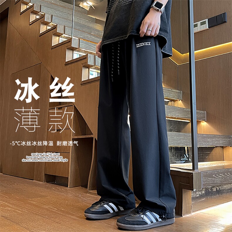 特批P25无差价夏季冰丝凉感字母刺绣直筒阔腿裤抽绳束脚长裤K1416图片