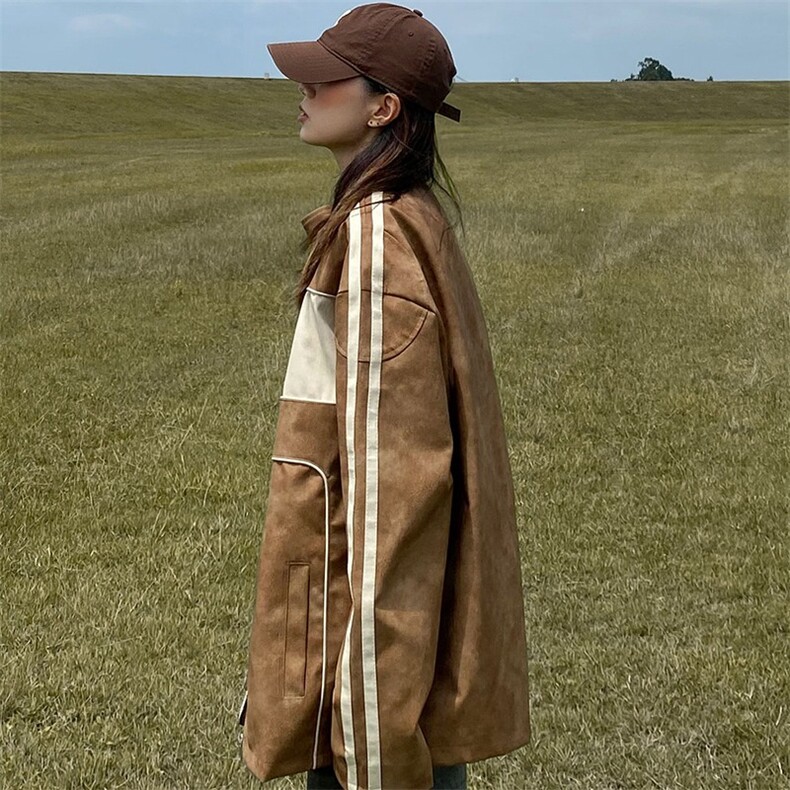 JK8547-P73撞色拼接皮衣外套女春秋季vintage美式夹克高级感,男装夹克,电商B323A