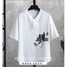 夏季风宽松T恤立领休闲轻薄短袖垂感五分袖衬衫荷花，男装T恤，星座1013