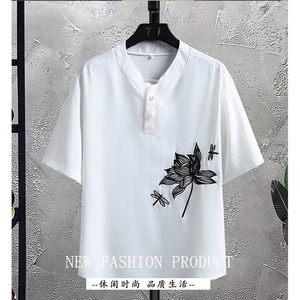 夏季风宽松T恤立领休闲轻薄短袖垂感五分袖衬衫荷花图片