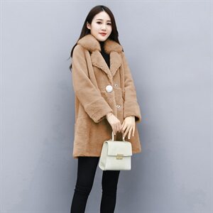 外套女中长款2021秋冬季新款颗粒带狐狸毛时尚大牌鹿皮绒全毛大衣