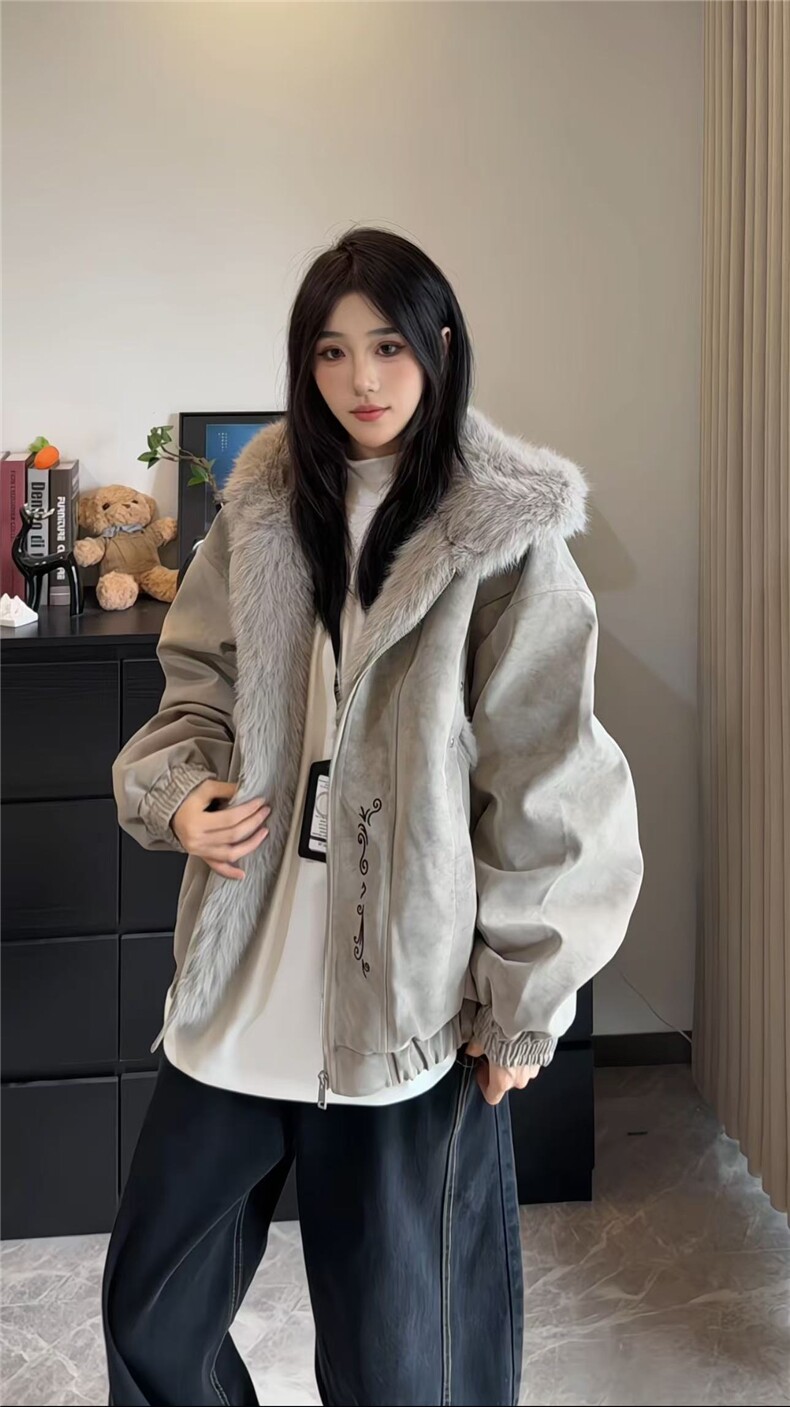 美式长毛座山雕pu皮外套连帽梵古文刺绣棉服男冬季夹棉图片