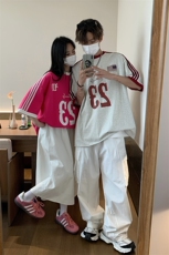 情侣短袖三条杠织带情侣短袖T恤男女宽松重磅体恤上衣G1081P35，男装T恤，电商A339