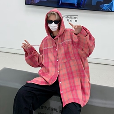 春秋美式复古潮流格子连帽衬衫男女长袖潮牌宽松学生休闲衬衣外套，男装衬衫，星座601-2