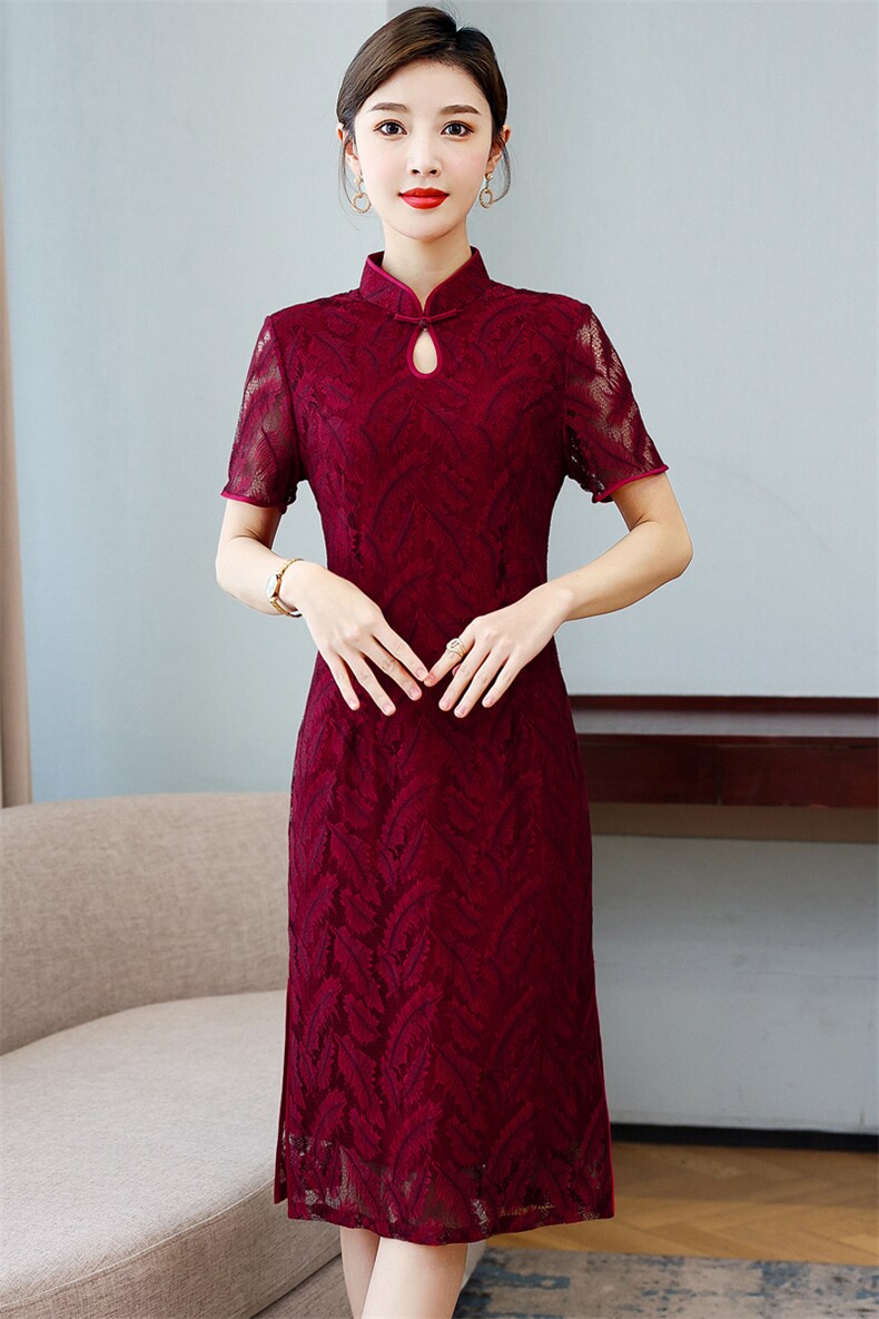 2024春夏季新款设计简约时尚喜庆中长款蕾丝婚礼旗袍连衣裙,女装汉服/婚纱/旗袍/礼服,小荷流