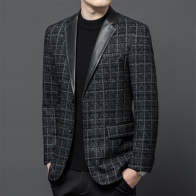 秋季新款海宁真皮皮衣男印花绵羊皮西服格子商务休闲男装中年夹克，男装夹克，电商B360A（原721A）