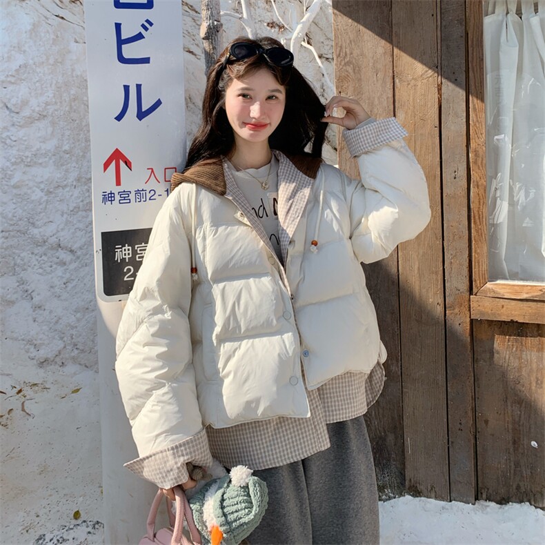 白色撞色拼接假两件保暖针织连帽羽绒服190-5083-90-P350K488,女装羽绒服,2B190
