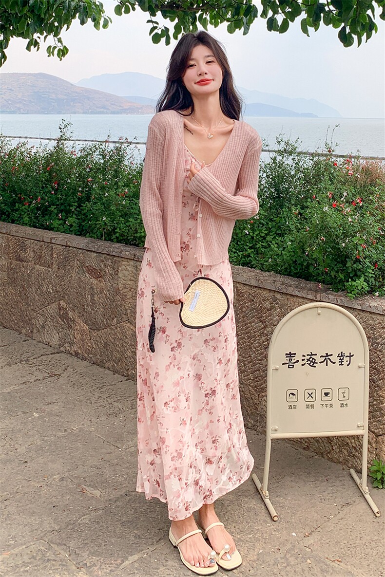 浪漫氛围感粉色开衫碎花连衣裙套装女夏季新款独特漂亮长裙两件套,女装连衣裙,2D075