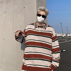 秋季撞色条纹polo领毛衣男日系慵懒风休闲套头毛线衣M5686/P58，男装针织衫/毛衣，星座506