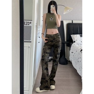 美式vibe高街迷彩多口袋修身工装裤嘻哈微喇裤男女K83096-P53网图图片