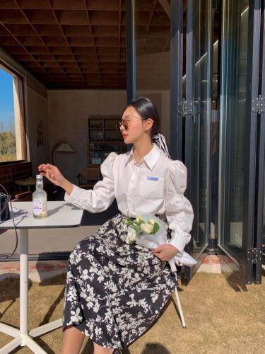 泡泡袖子衬衫，女装衬衫，咔柠