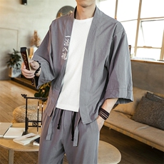夏季风道袍男短袖汉服开衫汉服防晒衣套装中性男女TZ01/P85，男装休闲套装，钱塘713
