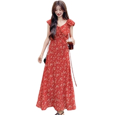 法式复古红色连衣裙女2025夏季新款超好看时尚设计感气质波点长裙，女装连衣裙，莘蕾