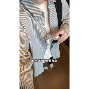 日系复古条纹长袖衬衫男高级感穿搭大码休闲衬衣外套C2251-特价28图片