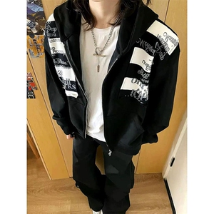 高品质春装新款美式高街潮牌解构设计休闲连帽卫衣男女慵懒风外套图片