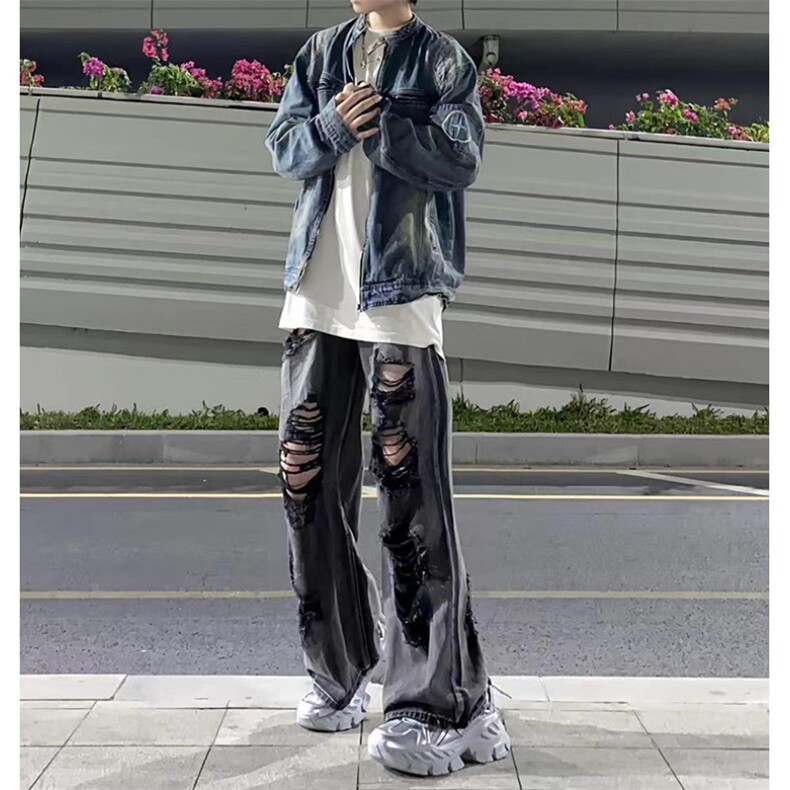 破洞牛仔裤男美式高街vibe裤子潮牌痞帅炸街直筒微喇裤KZA143-P55,男装牛仔裤,星座1007（原301D）