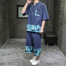 2021夏新拼接亚麻休闲大码boy口袋装饰黑洞风短袖套装TZ003-P70，男装套装，电商A082