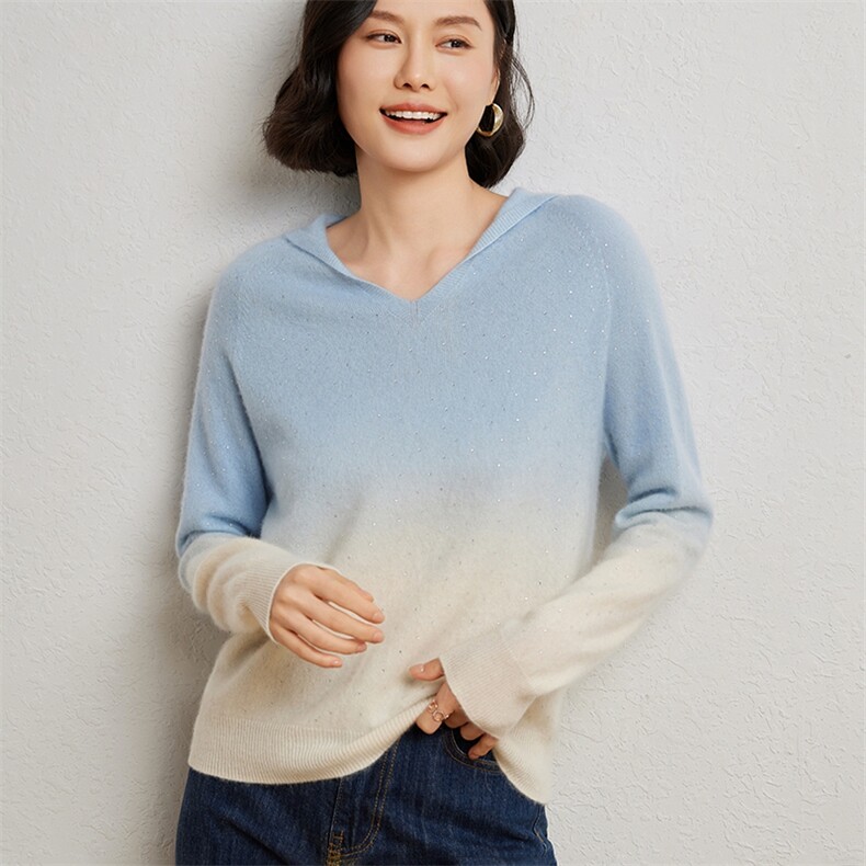 时尚渐变色女士衫优雅V领加烫钻设计舒适保暖,女装羊绒衫,臻维羊绒