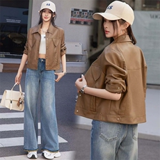 BAO欧货翻领PU皮衣外套女2025新款春秋短款超好看机车服水洗夹克，女装皮衣，江南女神