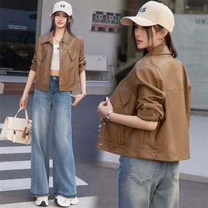BAO欧货翻领PU皮衣外套女2025新款春秋短款超好看机车服水洗夹克图片